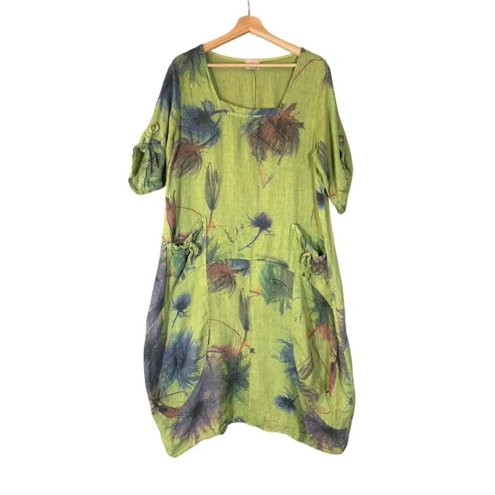 Green 100% Italian Linen Watercolor Floral Lagenlook Hobo Grunch Dress 0S Bubble